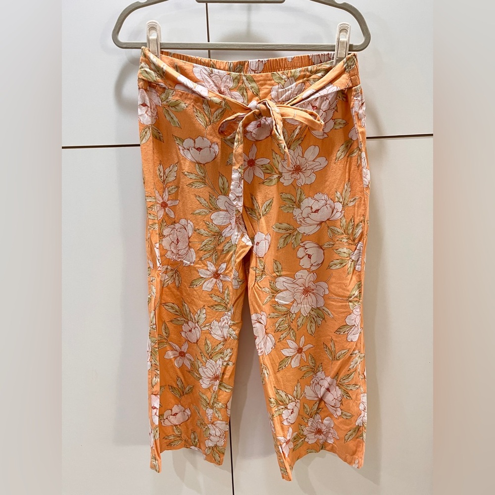 Floral Linen Blend Orange Pants with Tie Waist